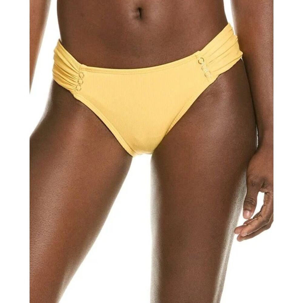 ROBIN PICCONE Women's Amy Tab Side Bikini Bottom Medium Yellow Yolk Ribbed NWT